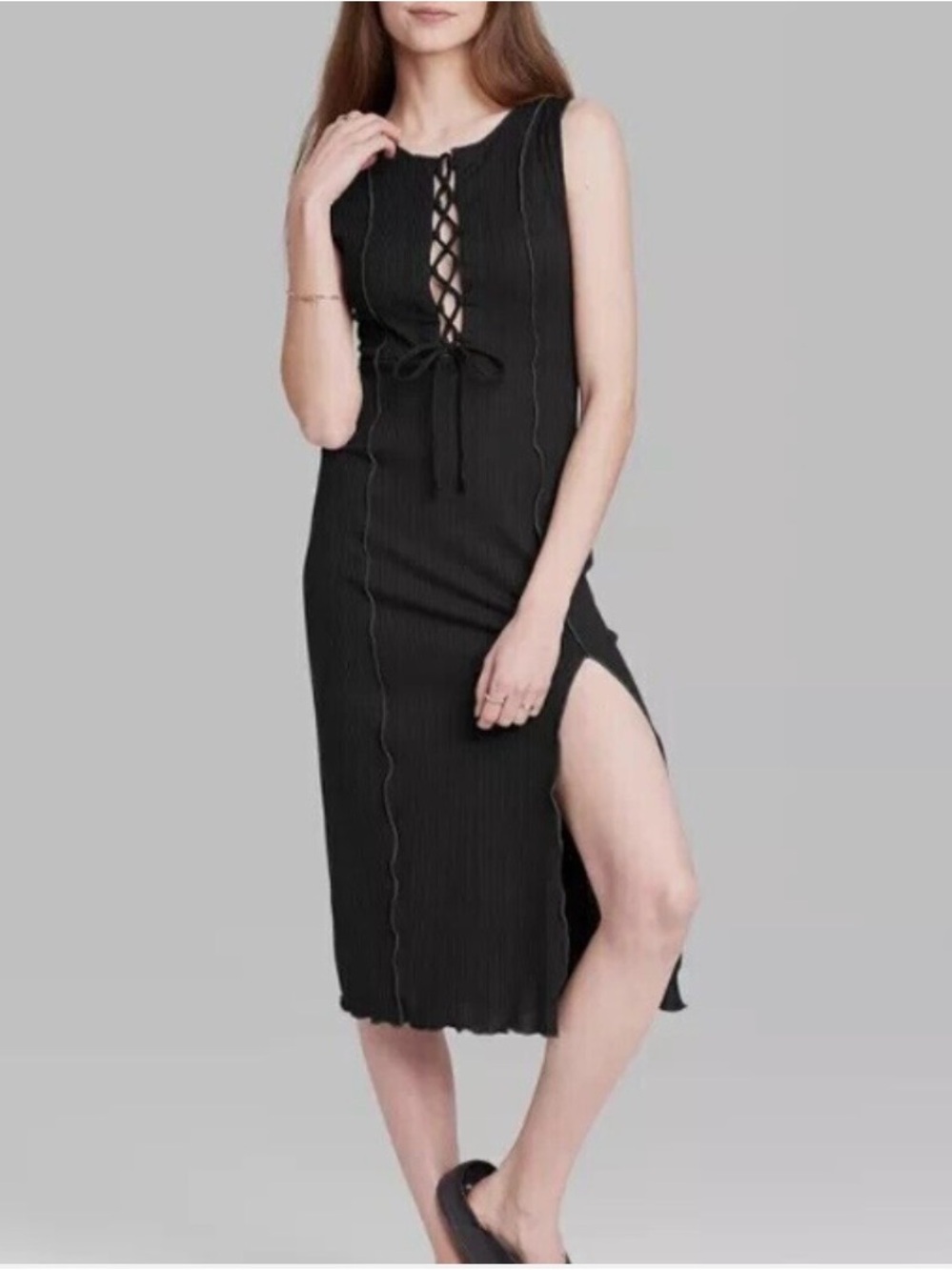Wild Fable Black Sleeveless Ribbed Maxi Dress with Front Tie
